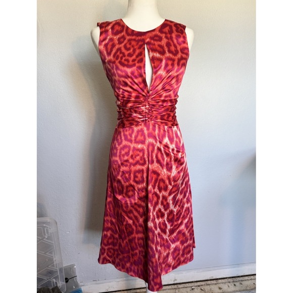 Just Cavalli Roberto Cavalli Dress Red Pink Leopard Print Italy Ruched Sexy 42 - Picture 1 of 16